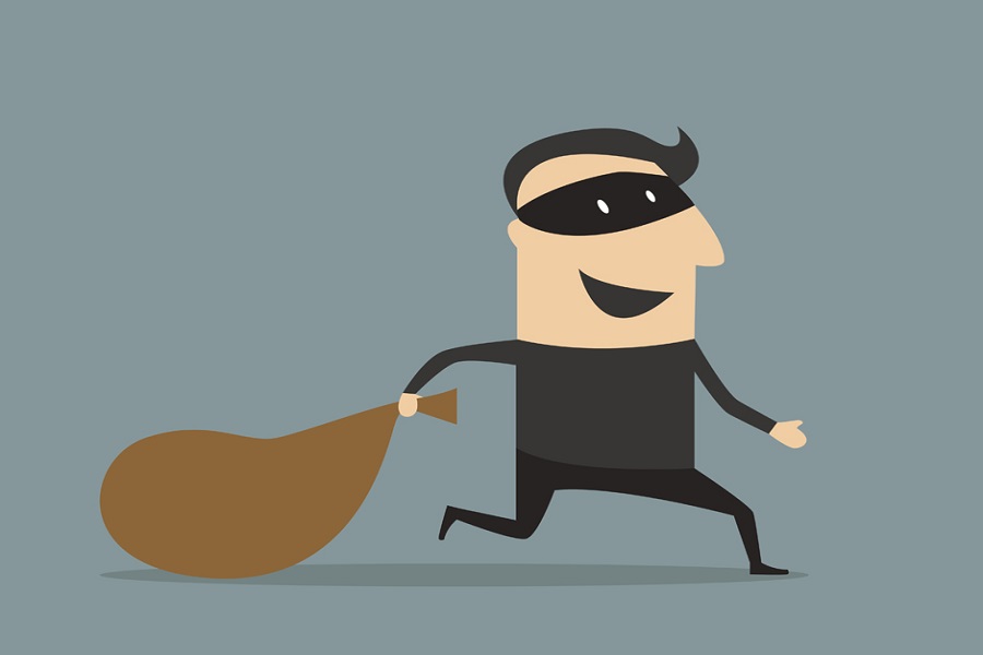 Cartooned thief in black mask and costume running away from the pursuit dragging sack with loot
