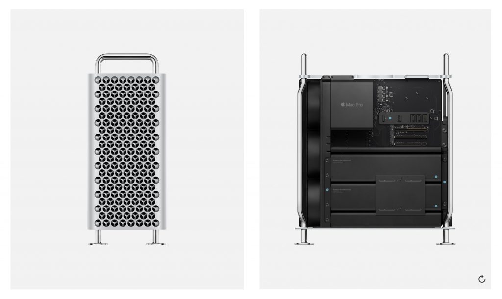 Left: The unique 'cheese grater' grille on the front of the Mac Pro. Left: The inside of a Mac Pro with a pair of Radeon Pro W6900X modules. 