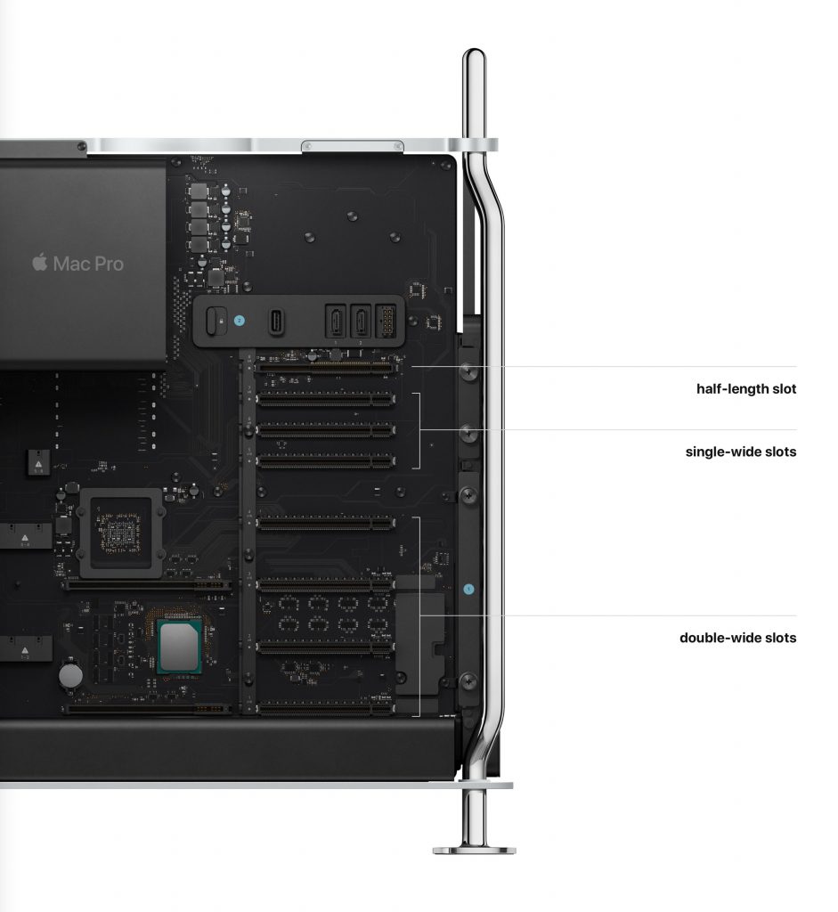The Mac Pro offers one half-length PCI Express slot, three single-wide PCI Express slots and four double-wide PCI Express slots for nearly any combination of hardware imaginable. 
