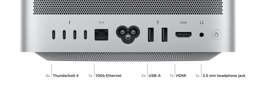 The I/O selection on the M1 Max/Ultra Mac Studio. Note there is also a UHS-II SD card reader and two USB-C or Thunderbolt 4 ports for the M1 Max and M1 Ultra versions of the Mac Studio, respectively. 