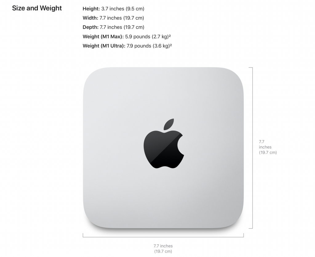 The M1 Max-equipped Studio is 5.9 pounds, where the M1 Ultra version is 7.9 pounds. Image: Apple