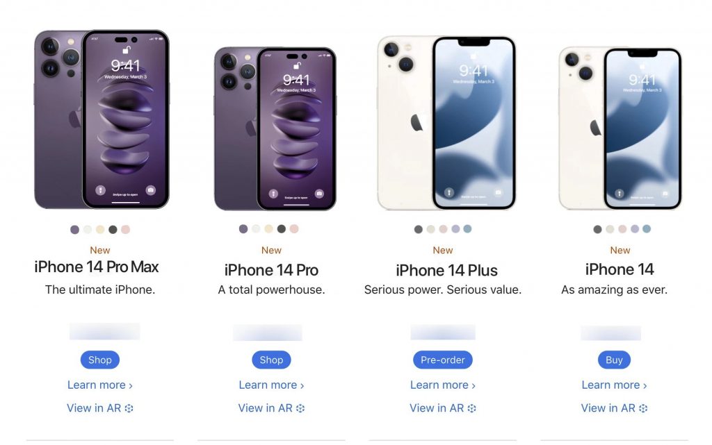 iPhone 14 Pro/14 Pro Max đi kèm 5 tuỳ chọn màu sắc gồm tím, trắng, vàng, đen và hồng, còn bộ đôi iPhone 14 và 14 Plus lại đi kèm tuỳ chọn đen, trắng, hồng, oải hương và xanh lam