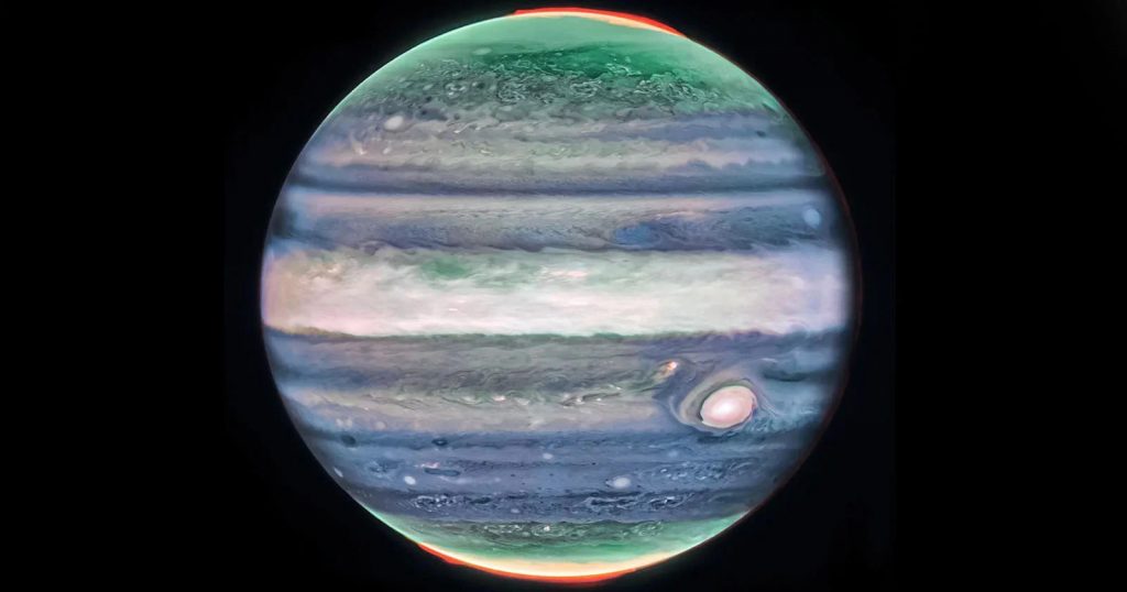Sao Mộc chưa bao giờ trông đẹp đến thế. Chú ý đến cực quang ở cực bắc và cực nam của hành tinh này. | Credit: NASA/ESA/CSA/STScI