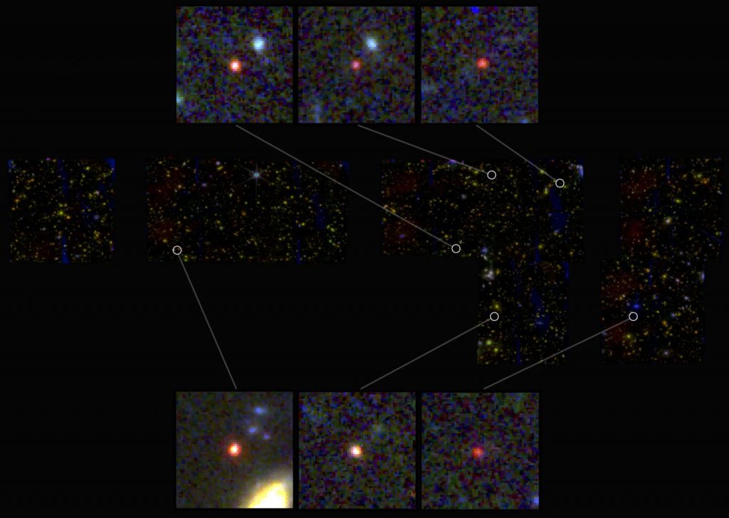 Một bức tranh khảm do James Webb sưu tầm về một vùng không gian gần Bắc Đẩu, với các phần bên trong cho thấy vị trí của sáu thiên hà ứng cử viên mới từ buổi bình minh của vũ trụ. | Credit: NASA, ESA, CSA, I. Labbe (Đại học Công nghệ Swinburne). Xử lý hình ảnh: G. Brammer (Trung tâm Bình minh Vũ trụ của Viện Niels Bohr tại Đại học Copenhagen).