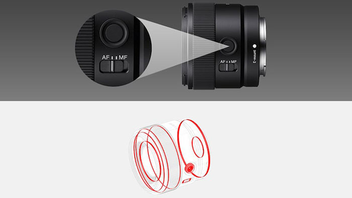 Nút chuyển chế độ AF và MF trên ống kính Sony E 11mm f/1.8