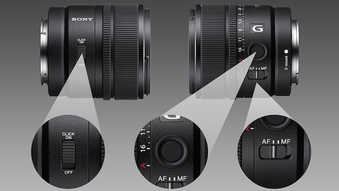 Nút chuyện chế độ trên Ống kính Sony E 15mm f/1.4 G