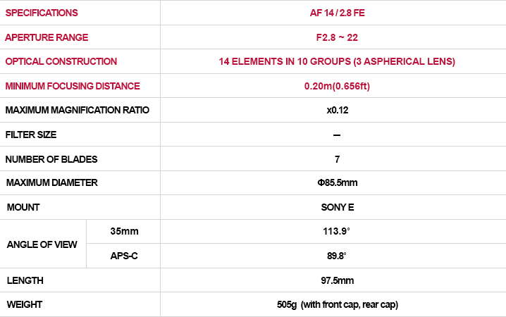 thông số ký thuật Samyang AF 14mm F/2.8 FE for Sony E-Mount