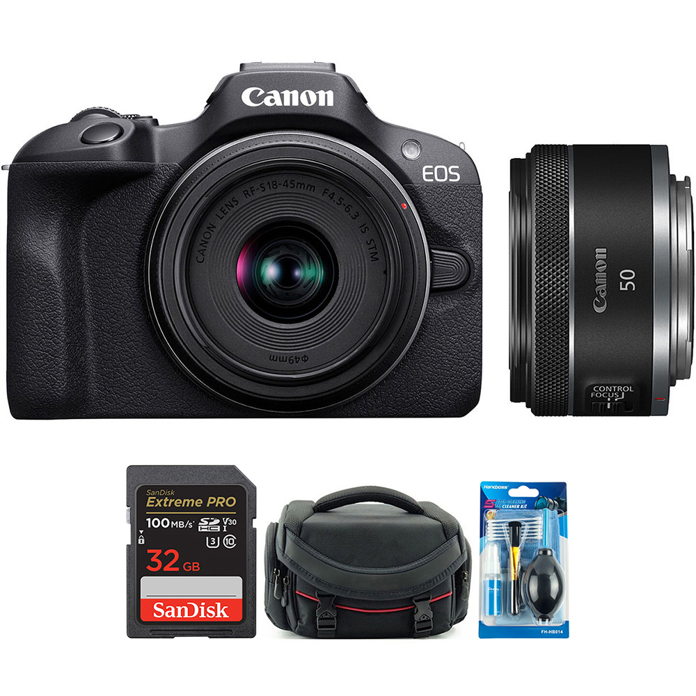 Canon EOS R100 Kit 18-45mm + RF 50mm f/1.8 STM (Thẻ Nhớ 32GB + Túi Máy Ảnh + Bộ Vệ Sinh)