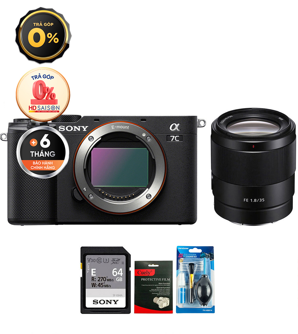 Sony A7C + FE 35mm f/1.8 (Chính hãng) (Thẻ Nhớ 64GB + Bộ Vệ Sinh, Body + FE 35mm f/1.8, Black)