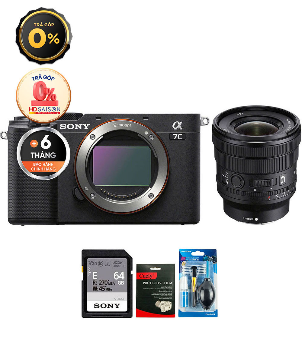 Sony A7C + FE PZ 16-35mm f/4 G (Chính hãng) (Thẻ Nhớ 64GB + Bộ Vệ Sinh, Body + FE PZ 16-35mm f/4, Black)