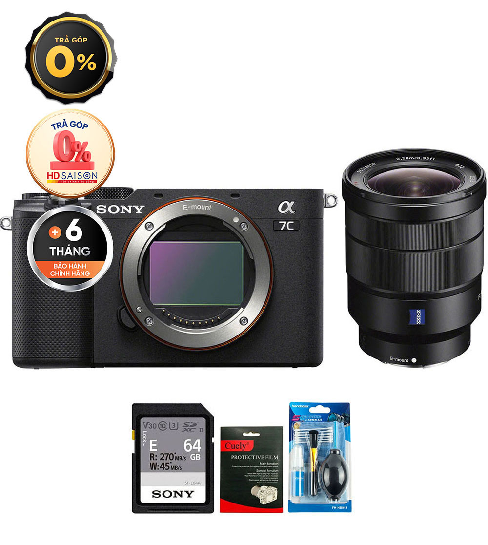 Sony A7C + FE 16-35mm f/4 Z (Chính hãng) (Thẻ Nhớ 64GB + Bộ Vệ Sinh, Body + FE 16-35mm f/4, Black)