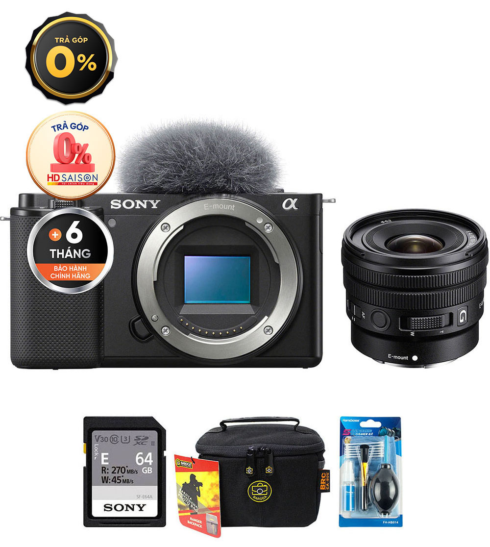 Sony ZV-E10 + E 10-20mm f/4 PZ G (Chính hãng) (Thẻ Nhớ 64GB + Túi Máy Ảnh + Bộ Vệ Sinh, Body + E PZ 10-20mm f/4)