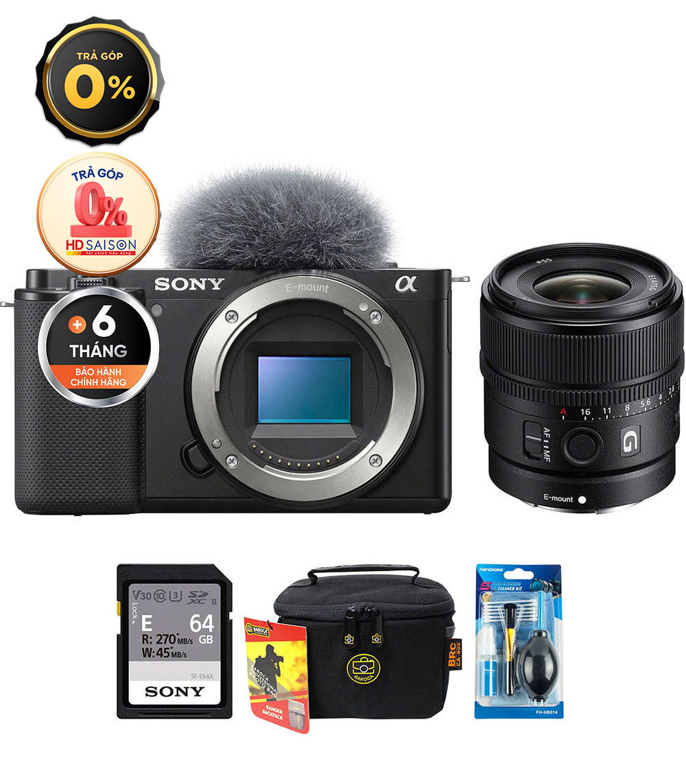 Sony ZV-E10 + E 15mm f/1.4 G (Chính hãng) (Thẻ Nhớ 64GB + Túi Máy Ảnh + Bộ Vệ Sinh, Body + E 15mm f/1.4)