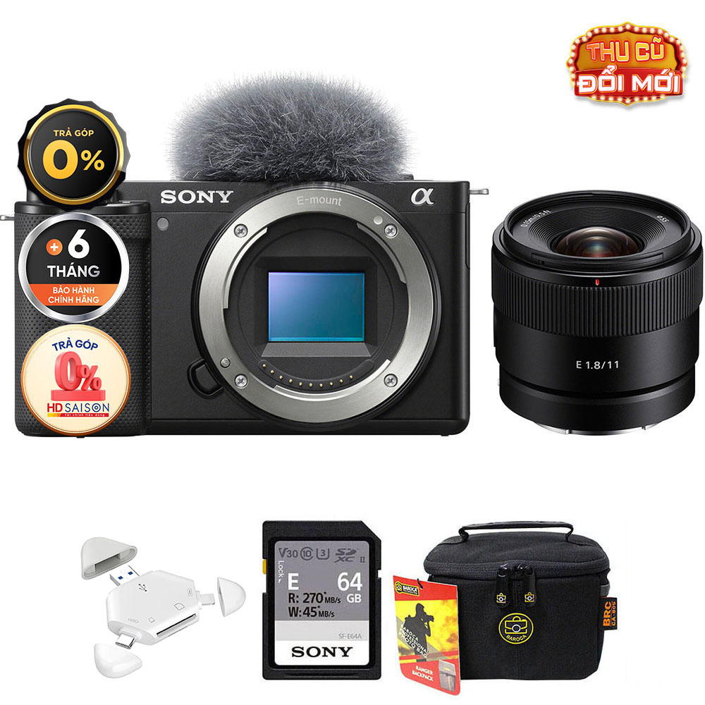 Sony ZV-E10 E 11mm f/1.8 (Chính hãng) (Body Sony E 11mm f/1.8, Đầu Đọc Thẻ Thẻ Nhớ 64GB Túi Máy Ảnh)